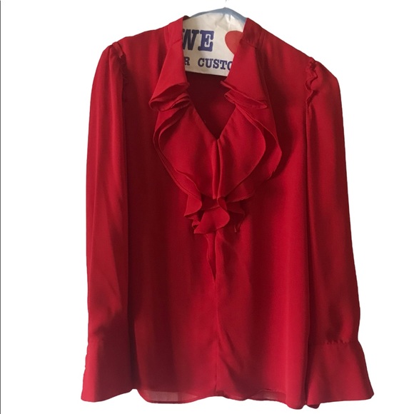 Catherine, Rich Red Long Sleeve Ruffled Blouse, Size XS - Picture 2 of 5